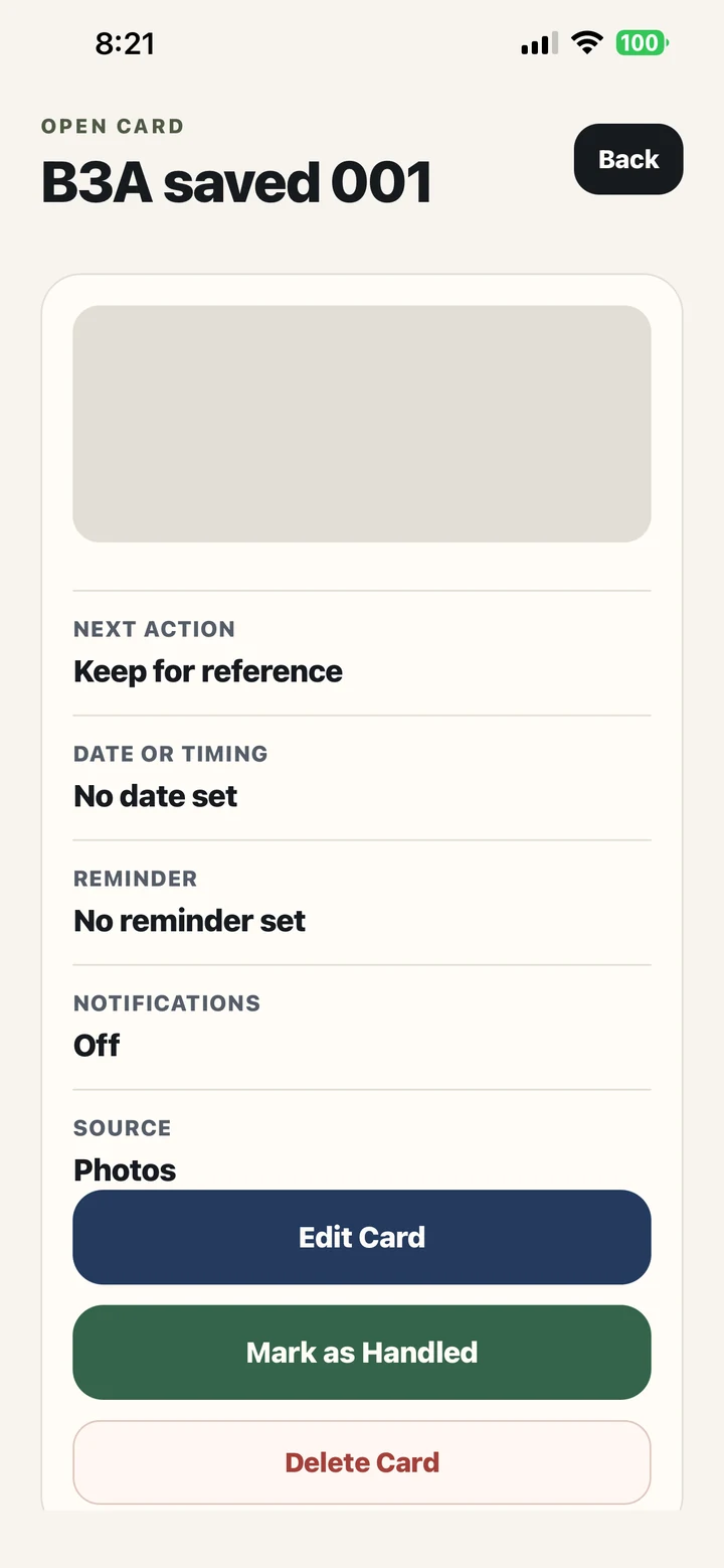 Unleft card detail screen showing action, date, reminder, source, and completion controls