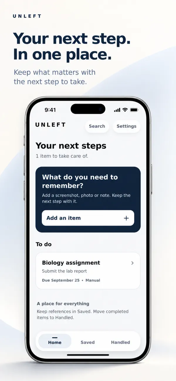 Unleft Home screen from the current iPhone App Store listing