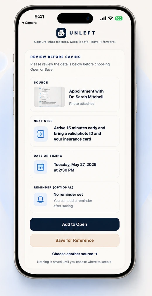Unleft review screen inside an iPhone, showing an appointment source, next action, timing and optional reminder